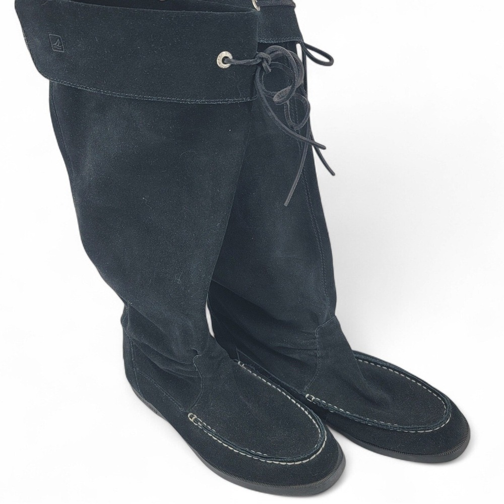Sperry Top Sider Black Suede Tall Fold Over Moc Toe Lace Up Boots EUC Womens 8.5